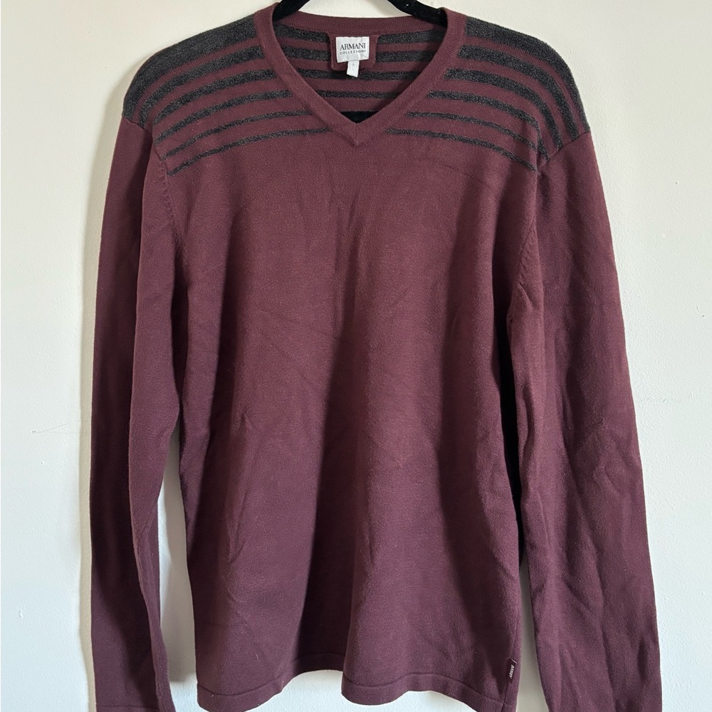 Armani Collezioni Burgundy and Gray V-Neck Sweater
